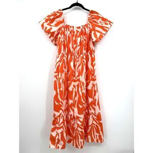 NAOO Womens Large Orange White Abstract Print Off Shoulder Midi Dress Resortwear
